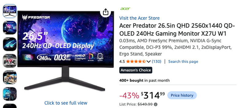 Acer Predator 26.5in QHD QD-OLED 240Hz Gaming Monitor X27U W1