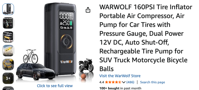 WARWOLF 160PSI Tire Inflator Portable Air Compressor