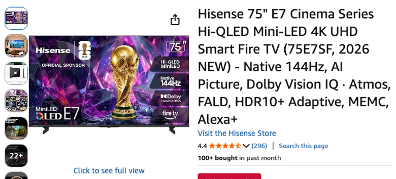 Hisense 75" E7 Cinema Series Mini-LED 4K Fire TV