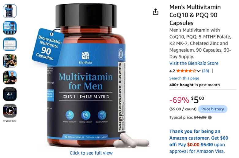Men's Multivitamin CoQ10 & PQQ 90 Capsules