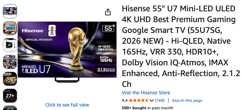 Hisense 55" U7 Mini-LED ULED 4K UHD Smart TV