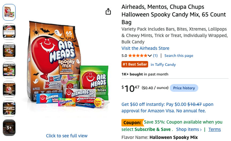 Airheads Halloween Spooky Candy Mix, 65 Count Bag