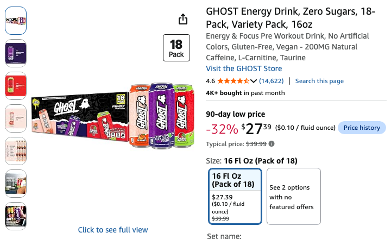GHOST Energy Drink Zero Sugar Variety Pack, 18-Pack