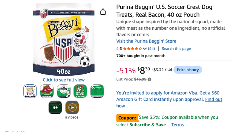Purina Beggin' U.S. Soccer Crest Dog Treats, Real Bacon, 40 oz Pouch