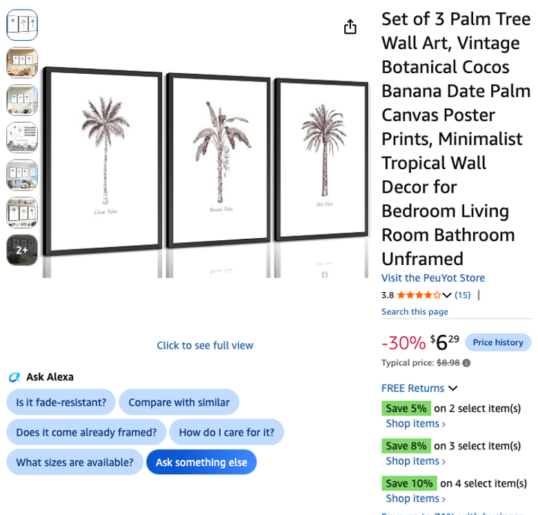 Set of 3 Palm Tree Wall Art Prints