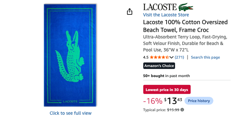 Lacoste 100% Cotton Oversized Beach Towel, Frame Croc