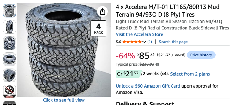 Accelera M/T-01 LT165/80R13 Mud Terrain Tires, 4-Pack
