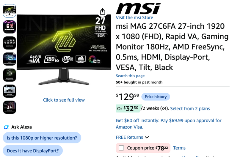 MSI MAG 27C6FA 27-inch Gaming Monitor