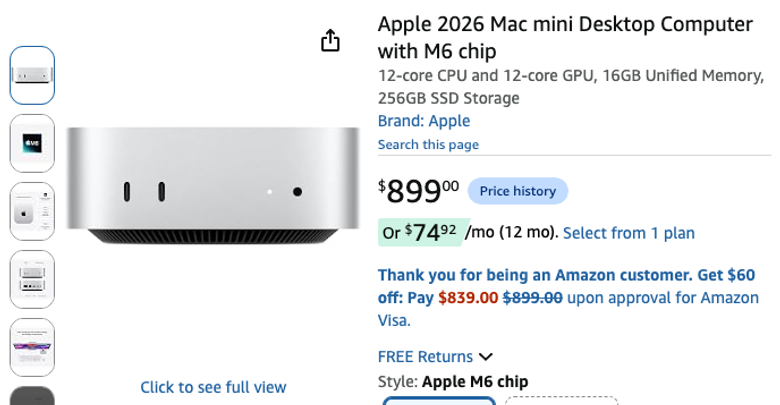 Apple 2026 Mac mini Desktop Computer with M6 chip